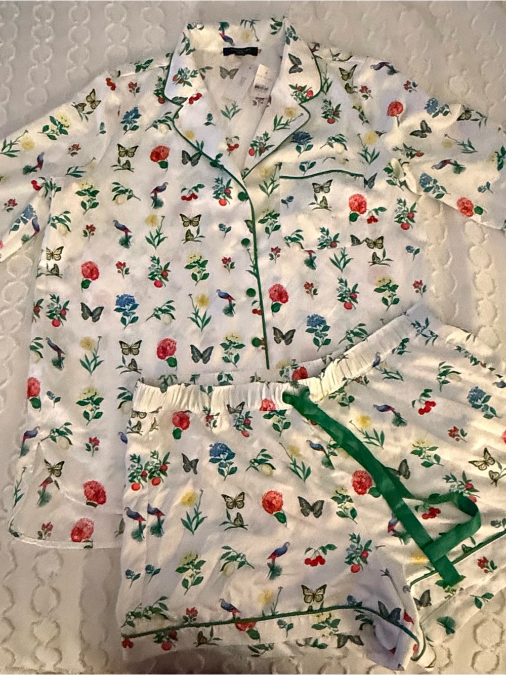 Ann Taylor White Floral & Butterfly Pajama Set with Green Piping